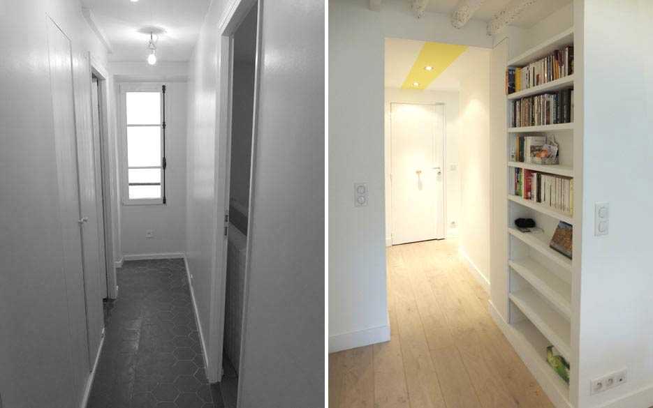 Un décorateur d’intérieur aménage une bibliothèque dans un appartement dans les Hauts-de-France.