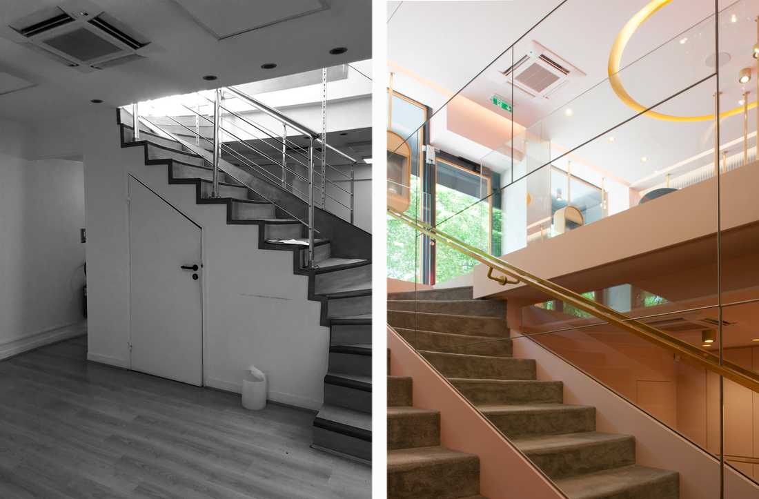 Photos avant-après du design d'un escalier dans une boutique