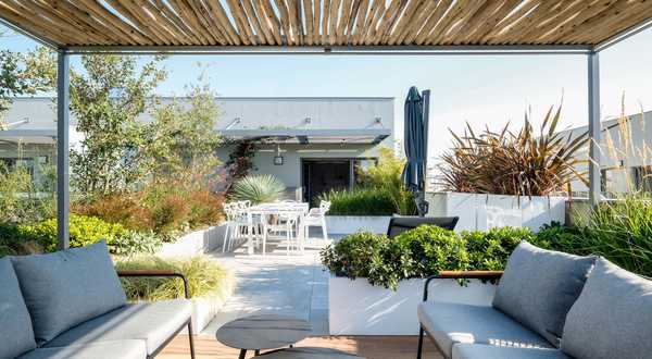 A landscape designers renovates a pool space in a garden in Lille