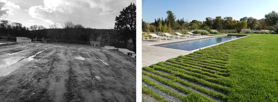 Avant-après de l'aménagement d'une piscine dans un jardin méditerranéen